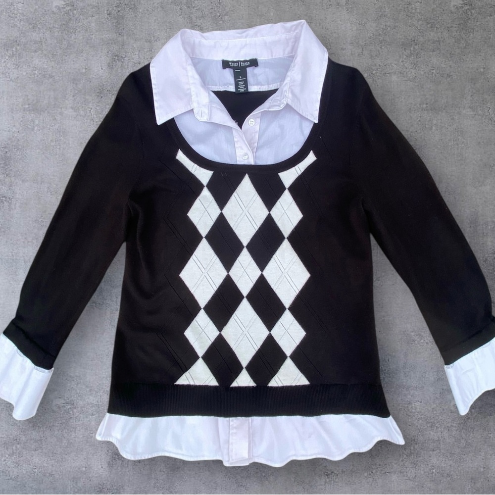 White House Black Market Layered Argyle Sweater (Size Large)